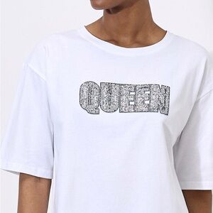 APRICOT White Tee with Glitter 'QUEEN' Design